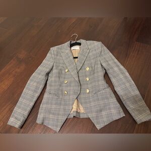 Gray Plaid Blazer with Gold Buttons